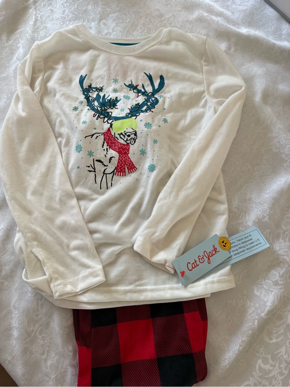 NWT Cat & Jack Cream Long-Sleeve Reindeer Pajama Top with Teal Antlers and Red